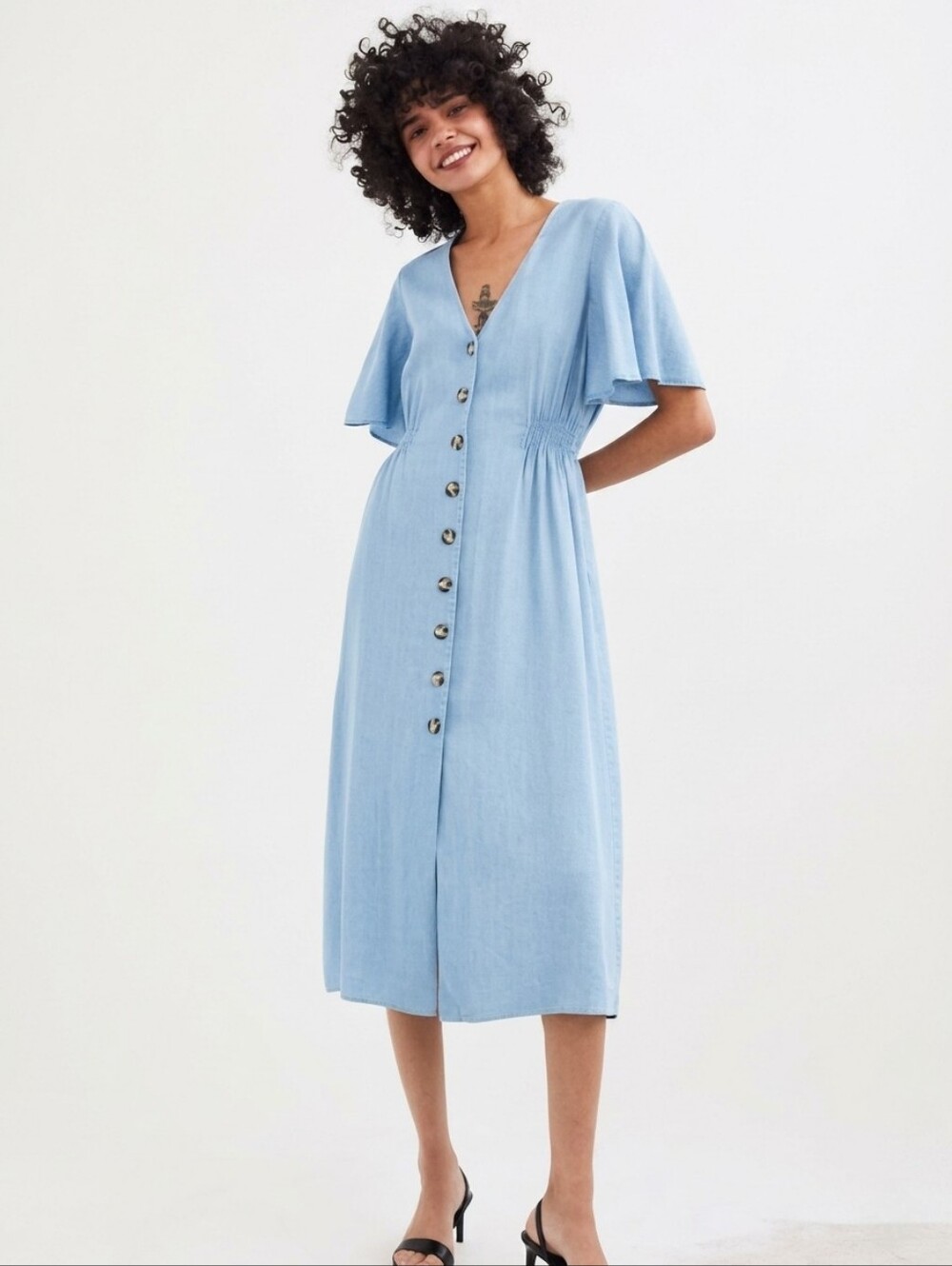 ZARA Blue Lyocell Chambray Denim Button Down A-Line Midi Dress Summer Size Large